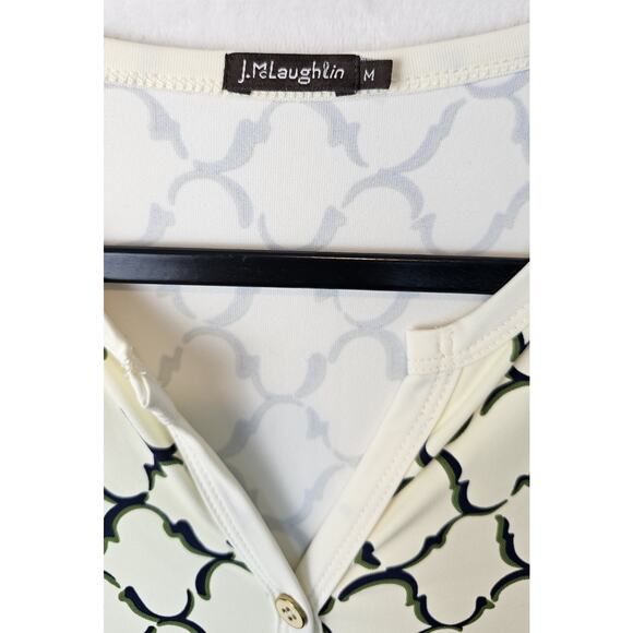 J McLaughlin Dress Sheath Ivory Black/ Green Geometric Lattice Stretch Size M - Picture 2 of 16